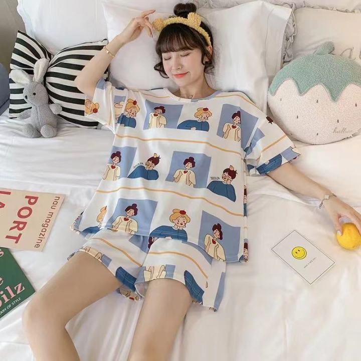 Style%20Pajamas%20Women's%20Summer%20Short%20Sleeve%20Shorts%20Two%20Piece%20Suit%20Thin%20Student%20Spring%20Summer%20Net%20Red%20Home%20Clothes%20-%20Image%204