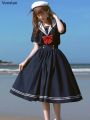 Japanese Soft Sister Cute Lolita Dress Women Sweet Puff Sleeve Slim Student Dresses Party Retro Girls Bow Salior Collar Vestidos. 