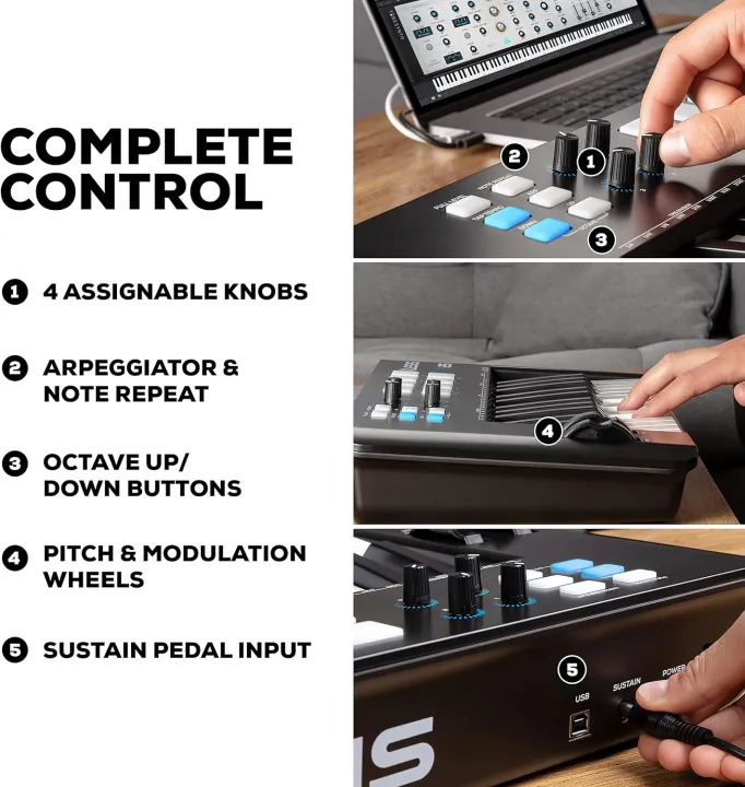Alesis%20V25%20-%2025-Key%20Mk2%20USB%20MIDI%20Keyboard%20Controller%20with%20Backlit%20Pads,%204%20Assignable%20Knobs%20and%20Buttons,%20Professional%20Software%20Suite%20Included%20-%20Image%205