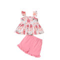 DSstyles Toddler Girls 2 Pcs Lettuce Trim Shorts Set Ruffled Sleeve Square Neck Bowknot Tank Top Elastic Waistband Shorts Outfit.