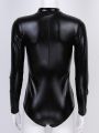 Women Bodycon Bodysuit Zipper Patent Leather Jumpsuit Ladies Slim Long Sleeves Bodysuits Rompers Body Mujer.