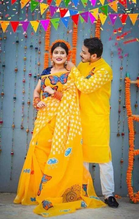 Family Set Hand Print Dhupian Silk Exclusive Couple Dress Yellow