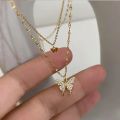 Korean Shiny Double Layer Butterfly Necklace for Women, Rhinestone Clavicle Chain, Elegant Wedding Jewelry.
