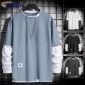 Decorative Splicing Style T-shirt Stylish Men's Two-piece Patchwork Sweatshirt Trendy Fall/winter Hop Stwear for Soutast Asian Fashion Enthusiasts Men Round Neck T-shirt.