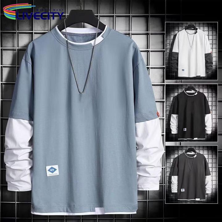 Decorative Splicing Style T-shirt Stylish Men's Two-piece Patchwork Sweatshirt Trendy Fall/winter Hop Stwear for Soutast Asian Fashion Enthusiasts Men Round Neck T-shirt