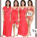 6 part Night Dress Silk Color Nighty Comfort Sleeping Dress pink purple blue misty  Red Color Indian Silk Super Soft and elegan night hot romantic dress for women bikini penty gaown semis pants tops nighty  silk dress for girl. 