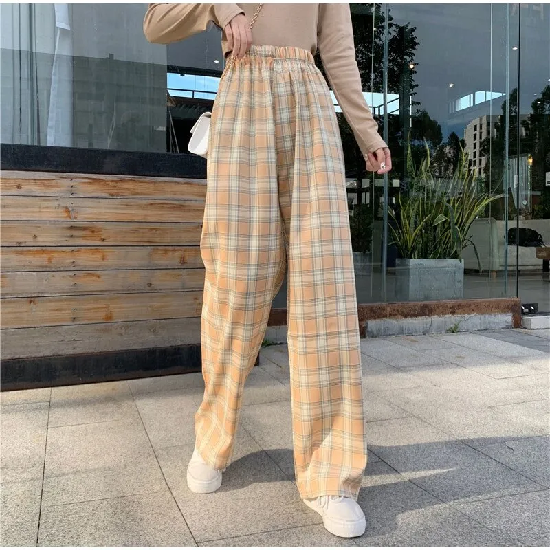 Plaid Pants Women Wide Leg Loose 4XL Plus Size Slacks Trousers