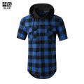 Black Red Plaid Hoodie Shirt Men Double Pocket Western Snap Casual Shirts Mens Short Sleeve Patchwork Streetwear Hoodies Shirts.