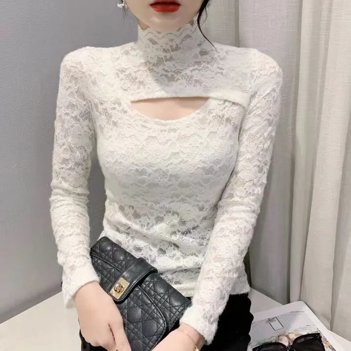 New%20Fashion%20Long%20Sleeve%20Lace%20Personality%20Hollow-out%20Slim%20Fit%20Slimming%20Versatile%20Half-High%20Collar%20Bottoming%20Shirt%20Women's%20Fashion%20-%20Image%204