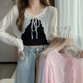 Thin Sunscreen Cardigan Lace-up Knitwear Tops Summer Women Korean Style Lantern Sleeve Short Coat Casual Sun Protected.