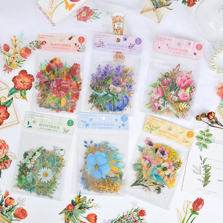RHS Online 40PCS Falling Peach Blossom Room Series Bronzing Flower PET Stickers Waterproof Album Diary Journal Decorative Crafts Scrapbooking DIY Gilding Sticker