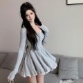 Korean Dress Short French Style Long Sleeve Collarbone Exposed Square Collar.