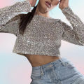 Women Sequin Top Sparkling Sequin Crop Top for Women Stylish O Neck Long Sleeves Soft Pullover for Club Party Stage Show Trendy Waist-exposed Lady Top Long-sleeve Top. 
