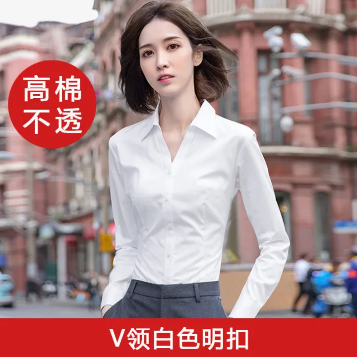 VCollar%20Professional%20White%20Shirt%20Women's%20Spring%20and%20Autumn%20Cotton%20Temperament%20Interview%20Formal%20Wear%20Hotel%20Low%20Collar%20Work%20Clothes%20Student%20Shirt%20-%20Image%202