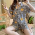 Pajamas for Women Short Sleeve Sleepwear Loungewear Satin Pyjamas Cartoon Summer Home Wear Ladies Silk Nightwear Set. 