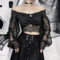 Goth Black Long Sleeve Corset Crop Tops Women Aesthetic V-Neck Velvet Lace Mesh T-Shirts Y2K Harajuku Vintage Fashion Tops. 