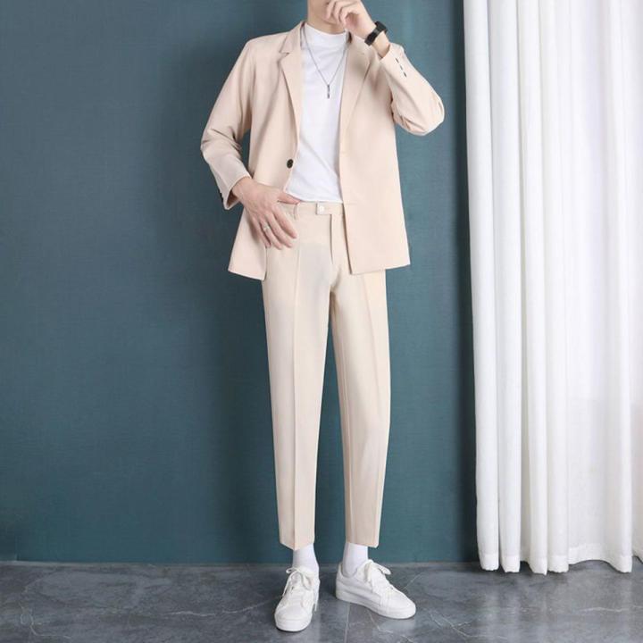 Light Gray Suit Suit Men's Spring and Autumn Trendy Loose Ruan Handsome Small Suit Jacket Suit Pants Three-Piece Suit