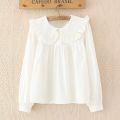 Women Plaid Shirt Long Sleeve Spring Summer Tops Ladies Japanese Mori Girl Peter pan Collar Cute Baby doll Cotton White Blouses. 