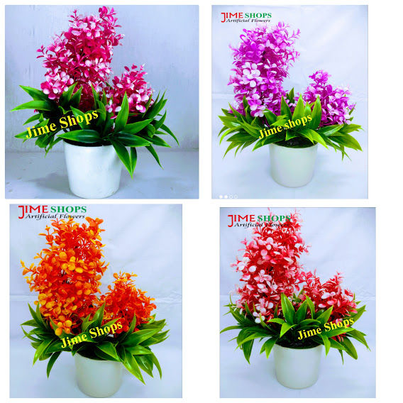 Double Head Artificial Colorful Flower With Green Leaves In Plastic Vases-28Cm/11Inc -  Home Decoration Item