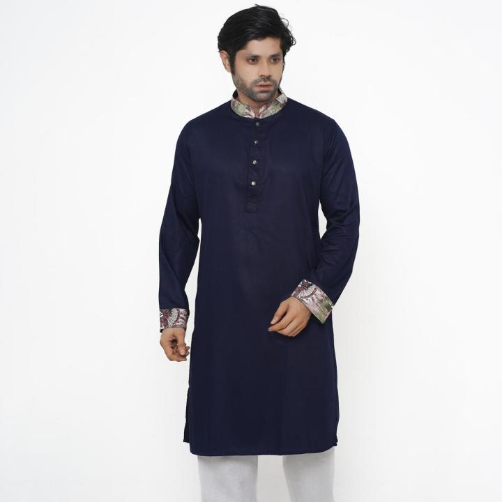 Cotton Semi Long Punjabi - Navy Blue