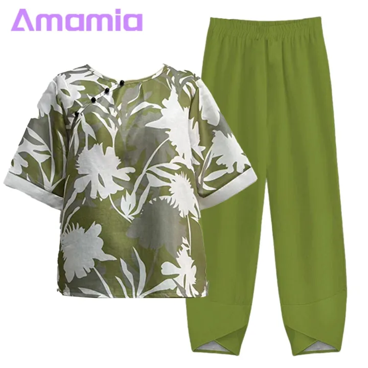 Amamia%20Blouse%20Trousers%20Round%20Neck%20Flower%20Print%20Pullover%20Top%20Pants%20-%20Image%202