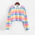 Rainbow Striped Print Short Pullover Hoodie Women's Top Long Sleeve With Button Sweatshirt Casual Turn-down Collar Warm Sweater.