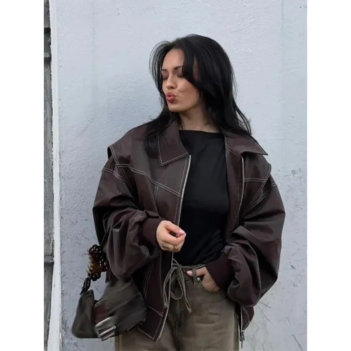 Red%20Zipper%20Leather%20Jacket%20Women%20Casual%20Long%20Sleeve%20Lapel%20Cropped%20Coat%20Autumn%20New%20Lady%20Vintage%20Fashion%20Tops%20Outerwear%20-%20Image%205