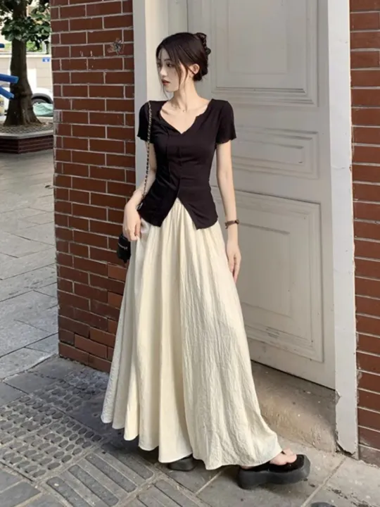 Pure%20Desire%20Style%20Suit%20Female%20Black%20Slit%20V%20Collar%20Short%20Sleeve%20T%20T-shirt%20Summer%20High%20Waist%20Wide%20Leg%20Pants%20Long%20Culottes%20Casual%20Two-Piece%20Suit%20-%20Image%202