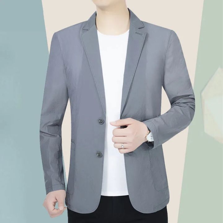 Summer%20Sun%20Protection%20Suit%20Jacket%20Men%20Casual%20Ice%20Silk%20Tops%20Solid%20Coat%20Single%20Breasted%20Pocket%20Blazer%20Korean%20Fashion%20Clothes%202023%20-%20Image%205