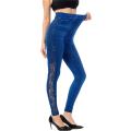 VISNXGI High Waist Leggings Women Gym Pants Hollow Out Workout Push Up Elastic Faux Denim Jeggings Fitness Side Lace Patchwork. 