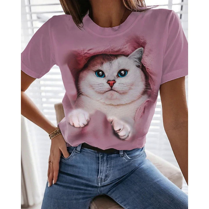 Fashion Kitten Print Women's T-Shirt Street Trend Harajuku Short