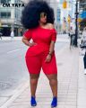 CM.YAYA Women Plus Size Solid Two Piece Set Fashion Off Shoulder T-shirt and Shorts Matching Set Streetwear Tracksuit Outfits. 