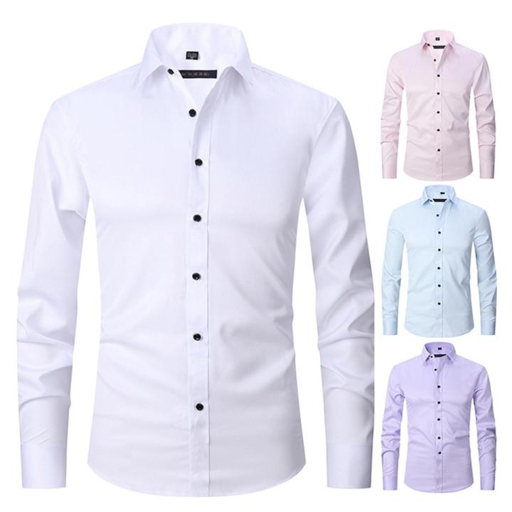2023 Men's Fashion Long Sleeve Solid Business Shirt Pocket Simple Design Casual Standard-fit Button-down Collar Shirts