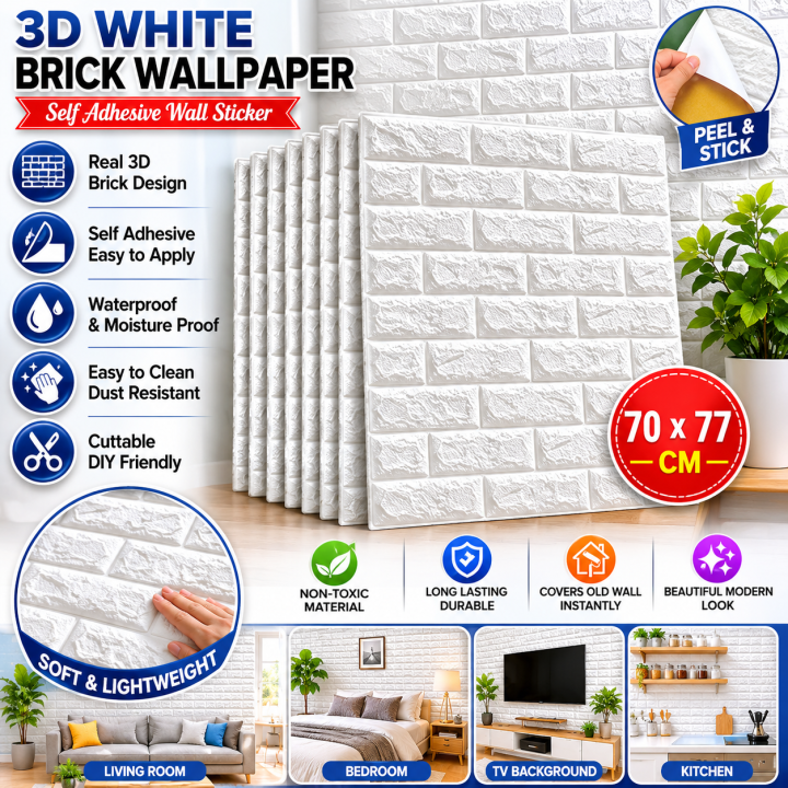 3D White Brick Wallpaper for Wall PE Foam Wall Stickers Self Adhesive DIY Wall Decor (70 x 77cm,