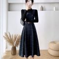 Autumn Winter Lady fashion Overalls 2 Piece Set Dress Women black Knitted Sweater Top + Plaid Tweed Slim Big Swing Midi Dress. 