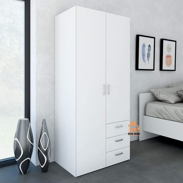 Royal Decor 2 Door 3 Drawer Almirah Wardrobe with Shelf and Hanging Rail Clothes Storage Cupboards Unit for Bedroom Furniture 70 * 30 * 16 inch- White Finish.