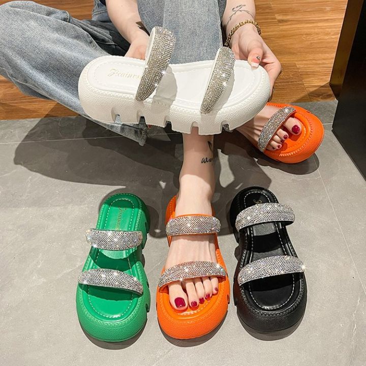 2023 Sandals Woman Crystal Wedge Summer Chunky Platform Women Leather Slippers Thick Sole Gladiator Shoes for Women Flip Flops