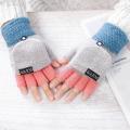 Winter Knitted Wool Thicken Warm Gloves / Girls Fashion Thermal Soft Half flip Finger Mittens / Ladies Fingerless Gloves. 