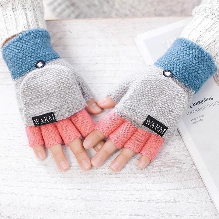 Winter Knitted Wool Thicken Warm Gloves / Girls Fashion Thermal Soft Half flip Finger Mittens / Ladies Fingerless Gloves