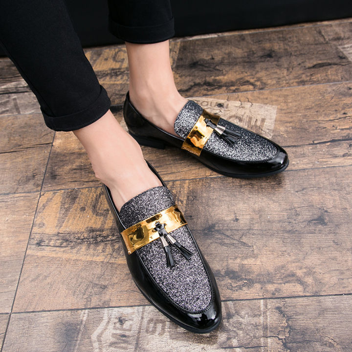 Men Party Flats Black Golden Formal Patchwork Tassel Leather Casuals Shoe Handmade Wedding Men Loafers Moccasins Dress Shoes BunnyGarden