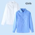 Girls School Blouse Shirt Long Sleeve White Shirt Sky Blue Formal Blouse Top For Student Ages 4-15 Years Tops Children Clothes. 