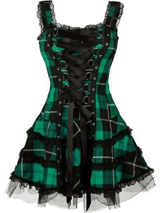Vintage%20Plaid%20Bandage%20Gothic%20Women%20A-line%20Dresses%20Grunge%20Aesthetic%20Lace%20Trim%20Patchwork%20Mini%20Dress%20Punk%20Bodycon%20Partywear%20-%20Image%204