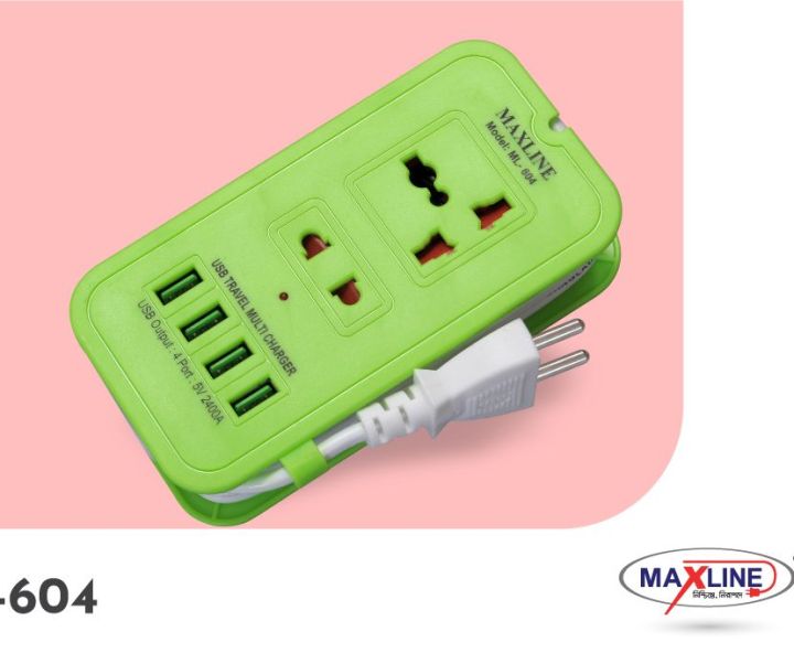 travel multi charger 4 USB PORT with multiplug MAXLINE ML-604 Multi-plug With 4 USB Port And 5pin Socket 6 FEET CABLE SAFETY SHUTTER MILTIPLUG FAST CHARGING