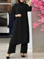Muslim Matching Sets Fashion Casual Suit Islamic Clothing Full Sleeve Blouse Loose Solid Color Abaya Hijab Pant.