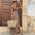 Fashion Boho Long Dress for Women V Neck Short Sleeve Paisley Print Belt Large Hem Beach Long Dress Elegant Women's Dress.