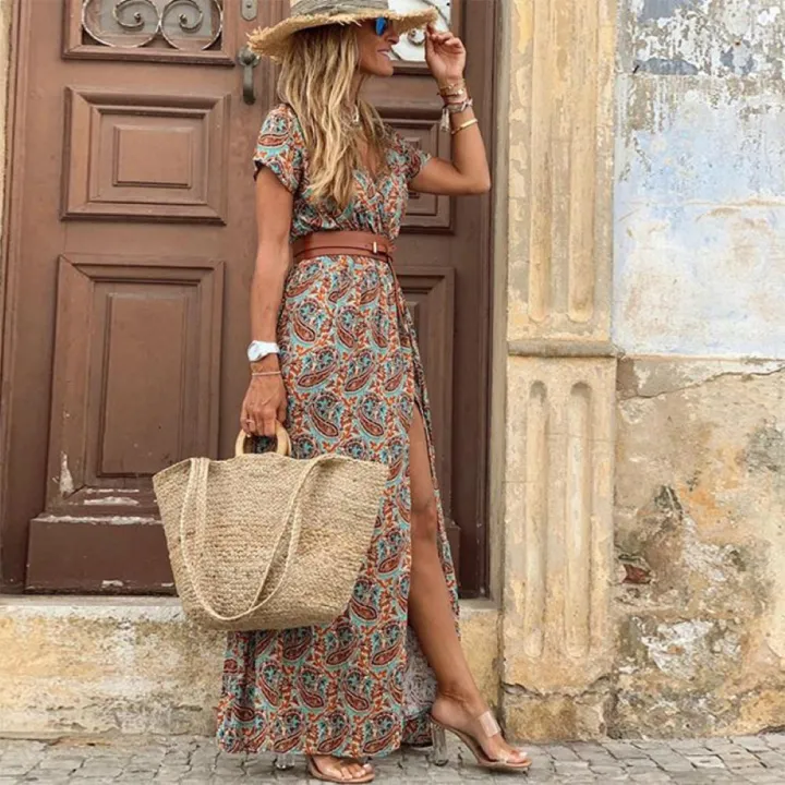 Fashion%20Boho%20Long%20Dress%20for%20Women%20V%20Neck%20Short%20Sleeve%20Paisley%20Print%20Belt%20Large%20Hem%20Beach%20Long%20Dress%20Elegant%20Women's%20Dress%20-%20Image%206