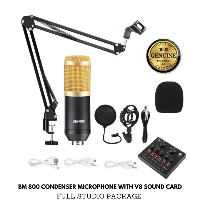 BM 800 9 in 1 Condenser Microphone Kit &  V8 Live Sound Card Microphone Stand Shock Mount Professional Mic Set for Broadcast Singing K Songs - Gold