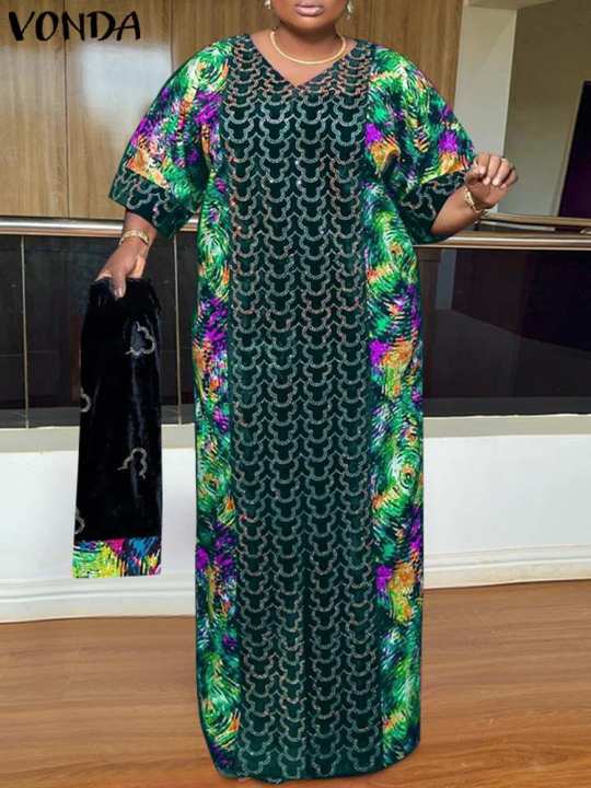 Elegant Party Maxi Long Dress 2024 VONDA Women Summer Dress 3/4 Sleeve Vintage Printed Sundress Casual Kaftan Vestido House Foocus