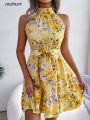 Summer Women Floral Print Short Dress, Bandage Holiday Beach Sundress Casual Halter Short Dresses,Summer Clothes Women 2024 Shapewear. 