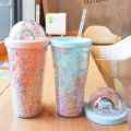 Cartoon Cute Rainbow Cup with Straw Double Plastic BPA Free Woman Girl Water Bottle for Juice Milk Coffee 500ml Drinking Tumbler Water Bottles.